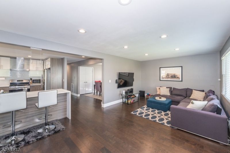 Interior, Kitchen, Living room, Recessed Lighting, Stainless Steel Appliances, Wood Texture Flooring