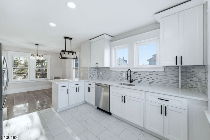 Interior, Kitchen, Marble, Pendant Lights, Recessed Lighting, Stainless Steel Appliances