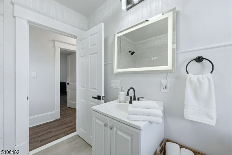 Bathroom, Interior, Marble Walls, Wood Texture Flooring