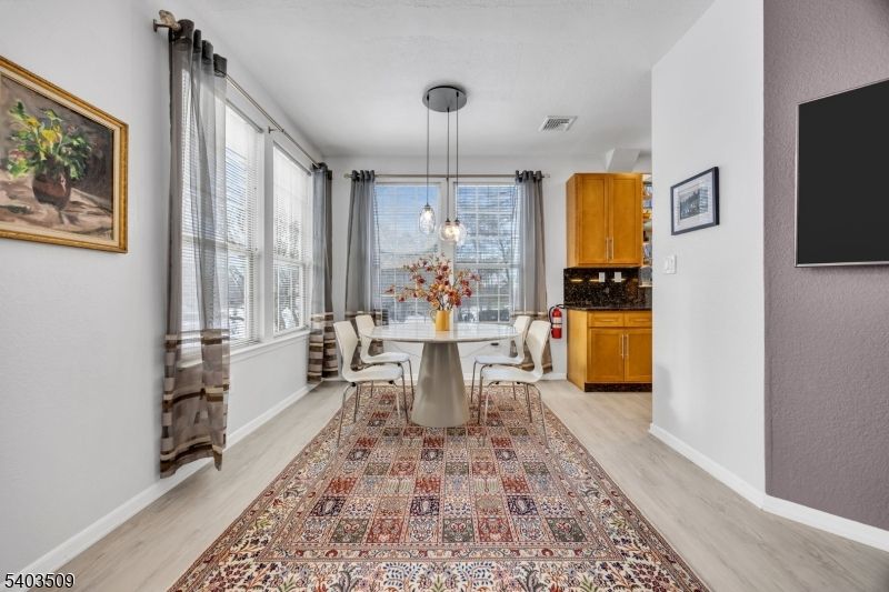 Dining room, Interior, Pendant Lights, Wood Texture Flooring