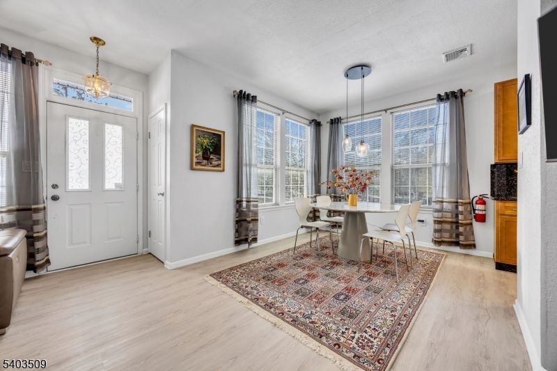 Dining room, Interior, Pendant Lights, Wood Texture Flooring