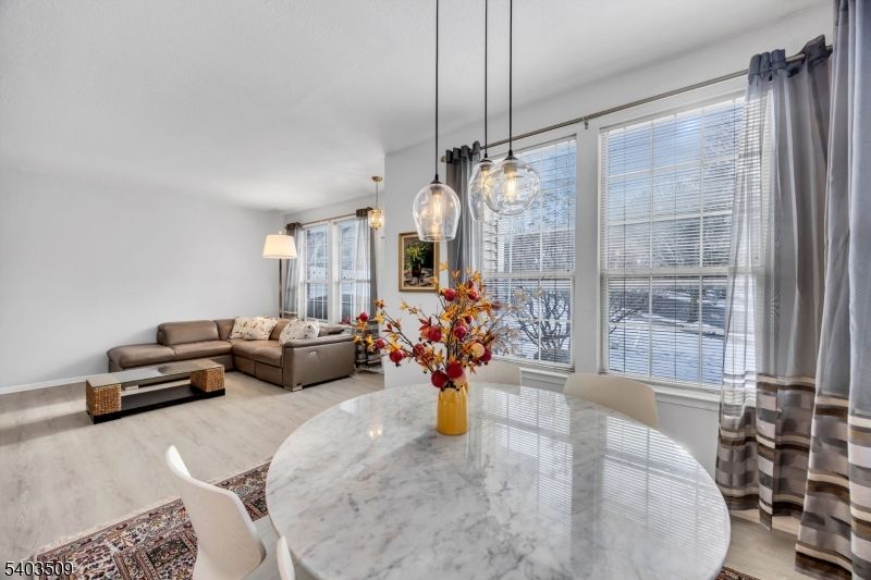 Dining room, Interior, Living room, Pendant Lights, Wood Texture Flooring