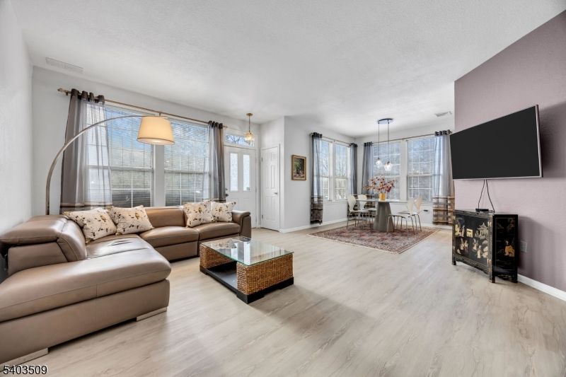 Dining room, Interior, Living room, Pendant Lights, Wood Texture Flooring