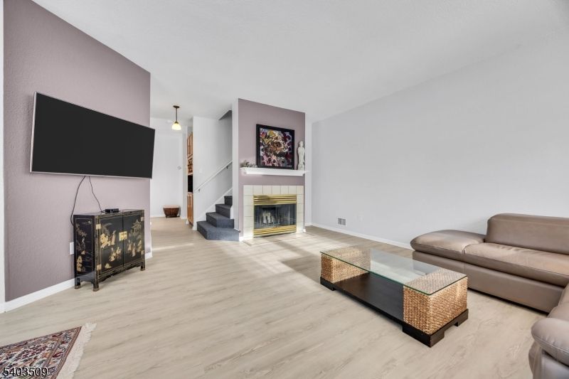 Fireplace, Interior, Living room, Pendant Lights, Wood Texture Flooring