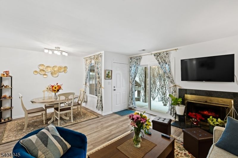 Dining room, Fireplace, Interior, Living room, Wood Texture Flooring