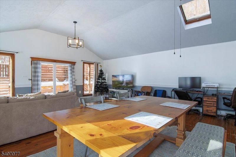 Dining room, Interior, Living room, Pendant Lights, Wood Texture Flooring