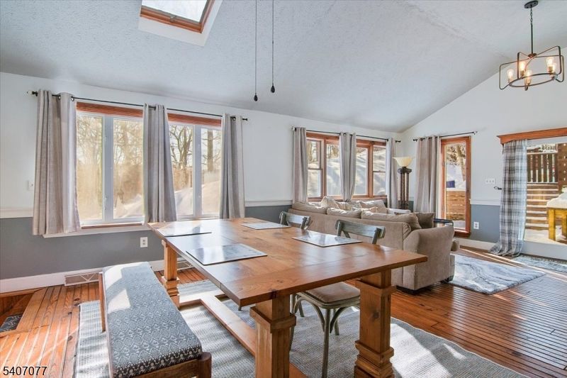 Dining room, Interior, Living room, Pendant Lights, Wood Texture Flooring