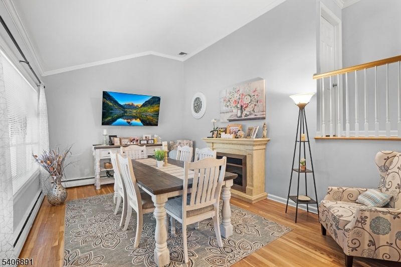Dining room, Fireplace, Interior, Wood Texture Flooring