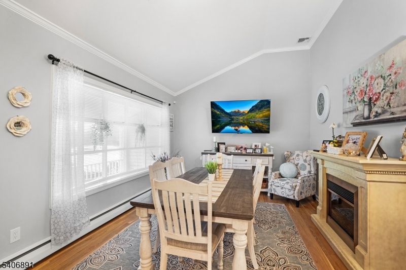 Dining room, Fireplace, Interior, Wood Texture Flooring
