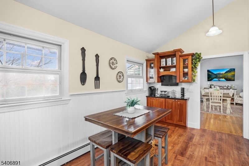 Dining room, Interior, Kitchen, Pendant Lights, Wood Texture Flooring