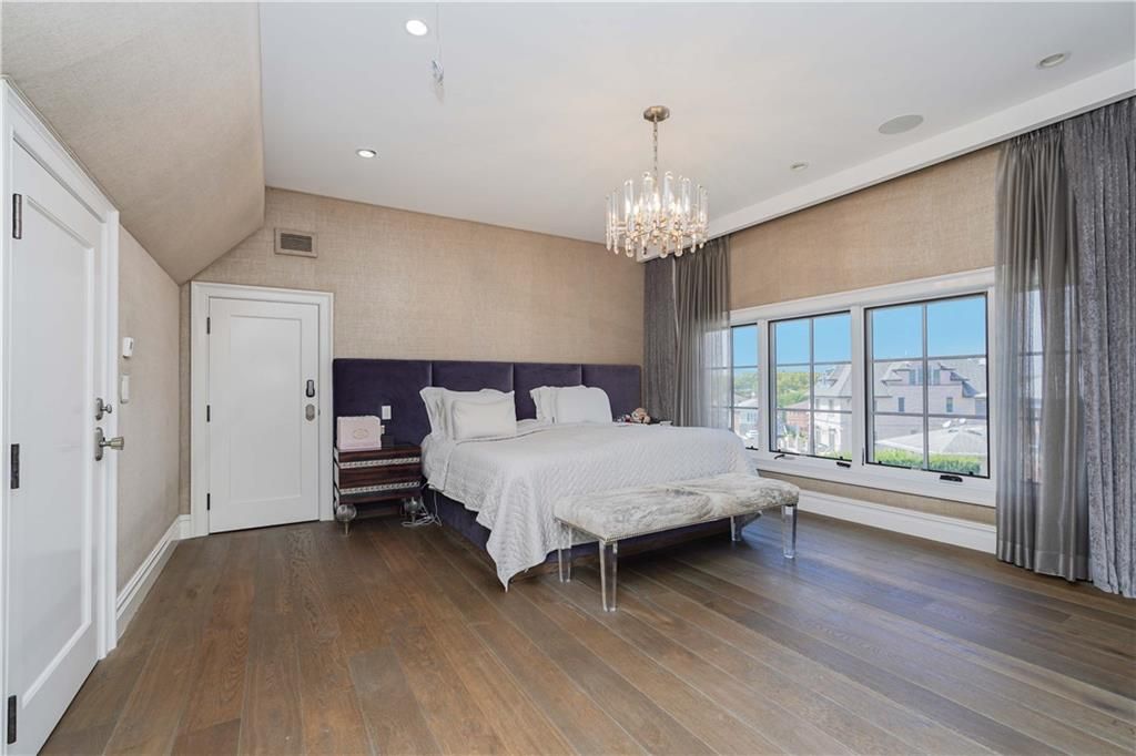 Bedroom, Chandelier, Interior, Recessed Lighting, Wood Texture Flooring