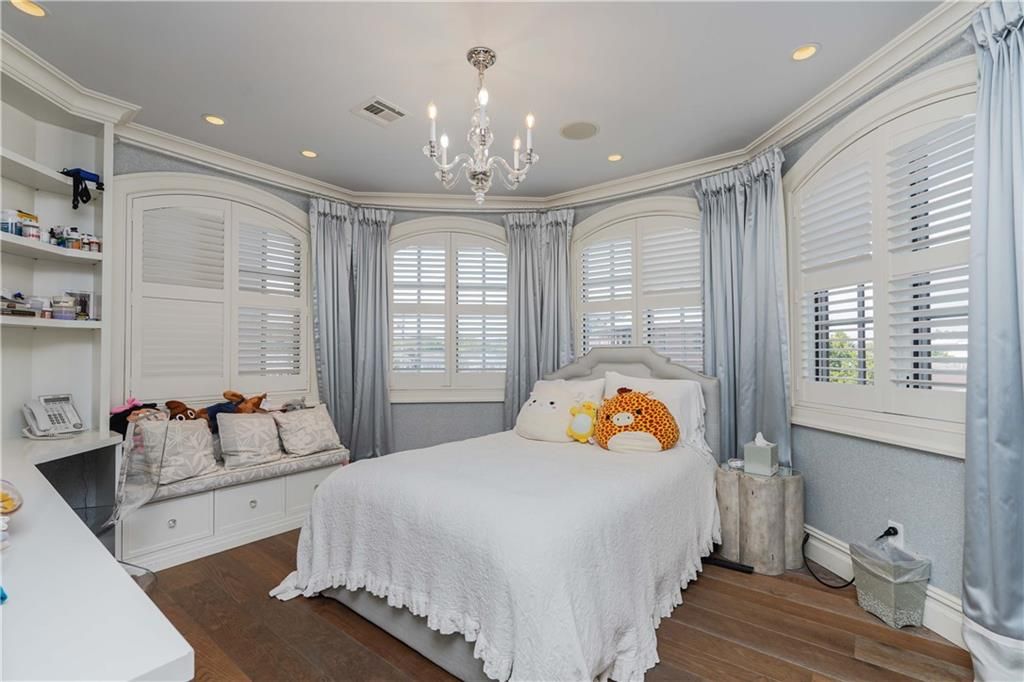 Bedroom, Chandelier, Interior, Recessed Lighting, Wood Texture Flooring