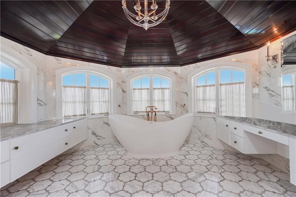 Bathroom, Chandelier, Dual Sink Vanities, Free Standing Baths, Interior, Marble, Marble Walls, Wooden Beams, Wooden Ceilings