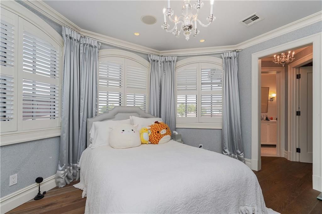 Bedroom, Chandelier, Interior, Recessed Lighting, Wood Texture Flooring