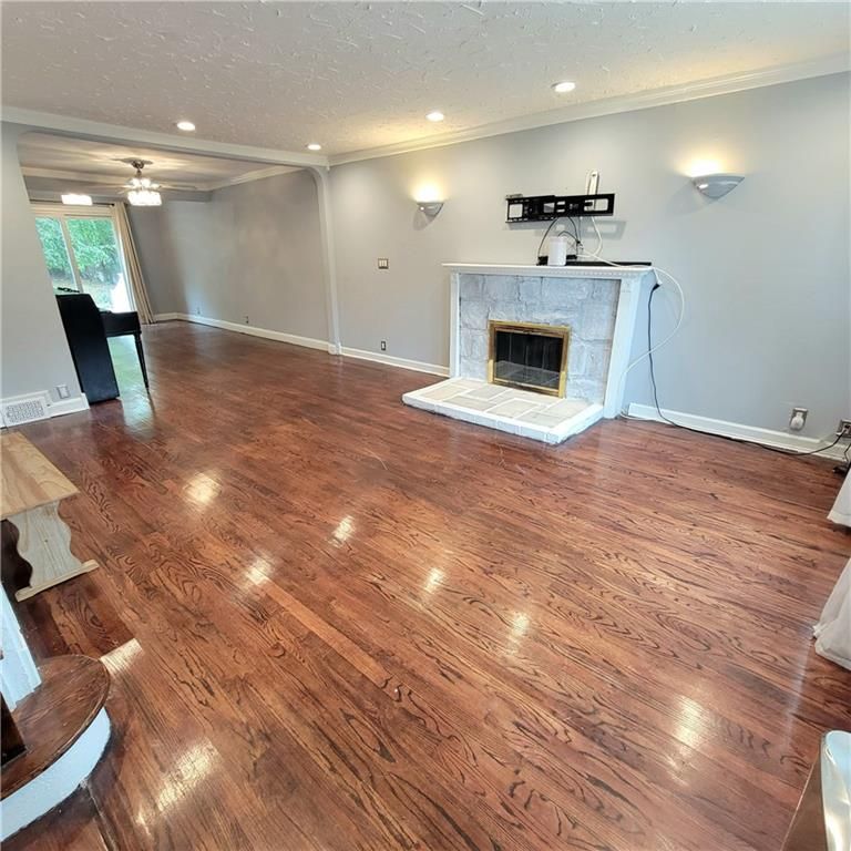 Empty room, Fireplace, Interior, Recessed Lighting, Wood Texture Flooring