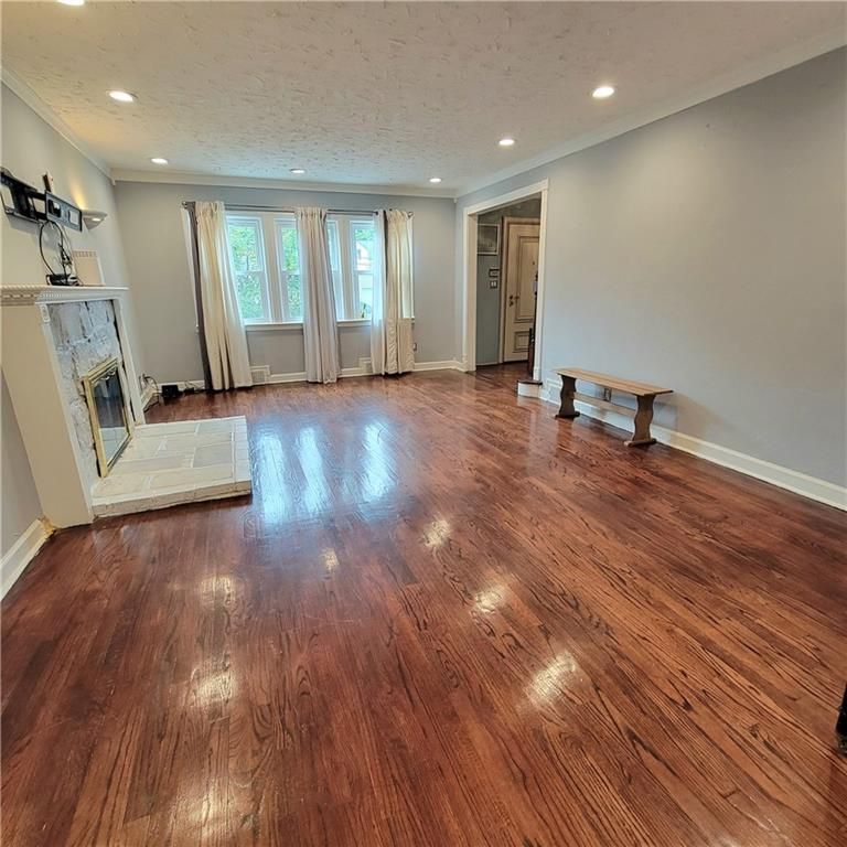Empty room, Fireplace, Interior, Recessed Lighting, Wood Texture Flooring
