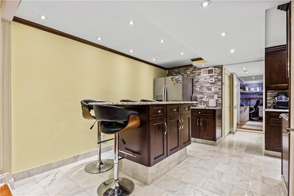 Interior, Kitchen, Marble, Recessed Lighting, Stone Walls