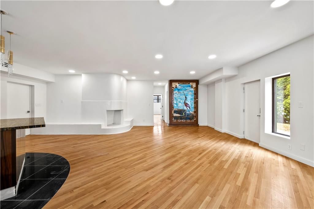 Empty room, Fireplace, Interior, Recessed Lighting, Wood Texture Flooring