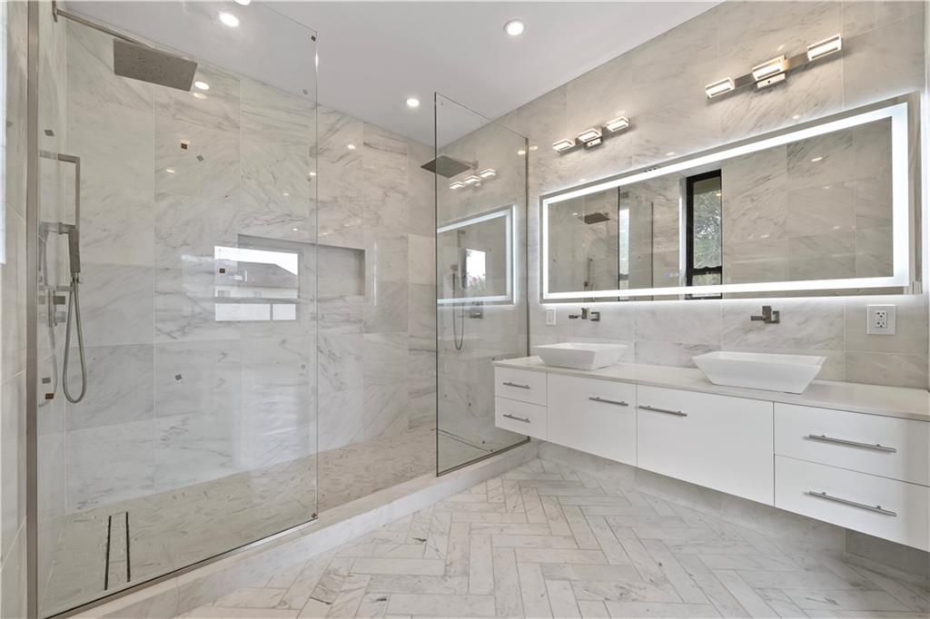 Bathroom, Dual Sink Vanities, Glass Shower, Interior, Marble, Marble Walls, Recessed Lighting