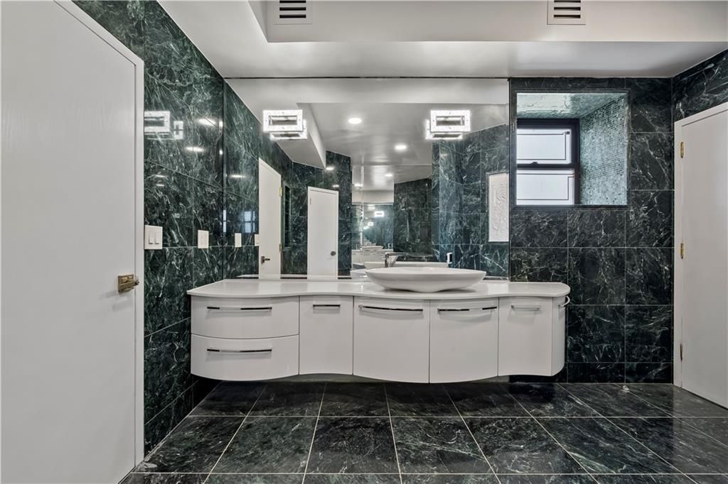 Bathroom, Dual Sink Vanities, Interior, Marble Walls, Recessed Lighting