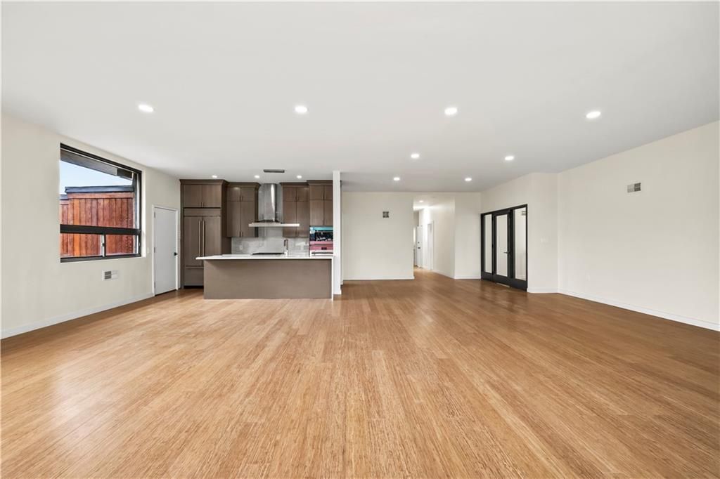 Empty room, Interior, Kitchen, Recessed Lighting, Wood Texture Flooring