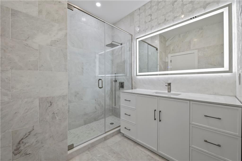 Bathroom, Glass Shower, Interior, Marble Walls, Recessed Lighting