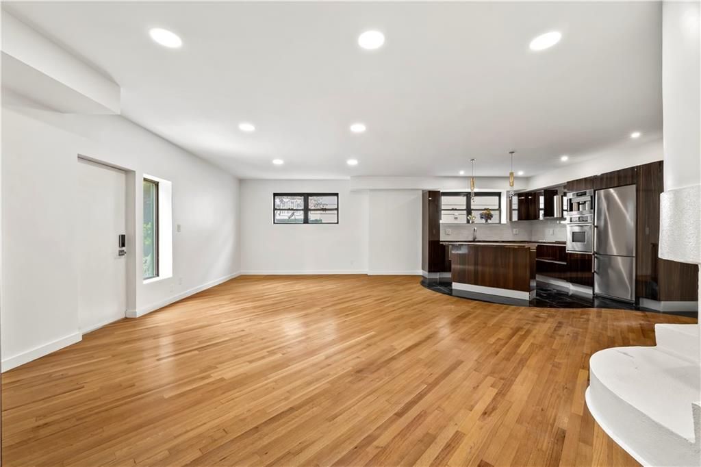 Interior, Kitchen, Pendant Lights, Recessed Lighting, Stainless Steel Appliances, Wood Texture Flooring