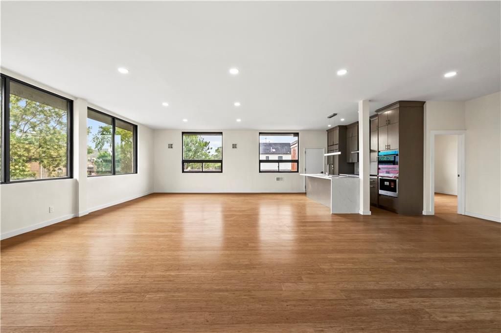 Empty room, Interior, Kitchen, Recessed Lighting, Wood Texture Flooring