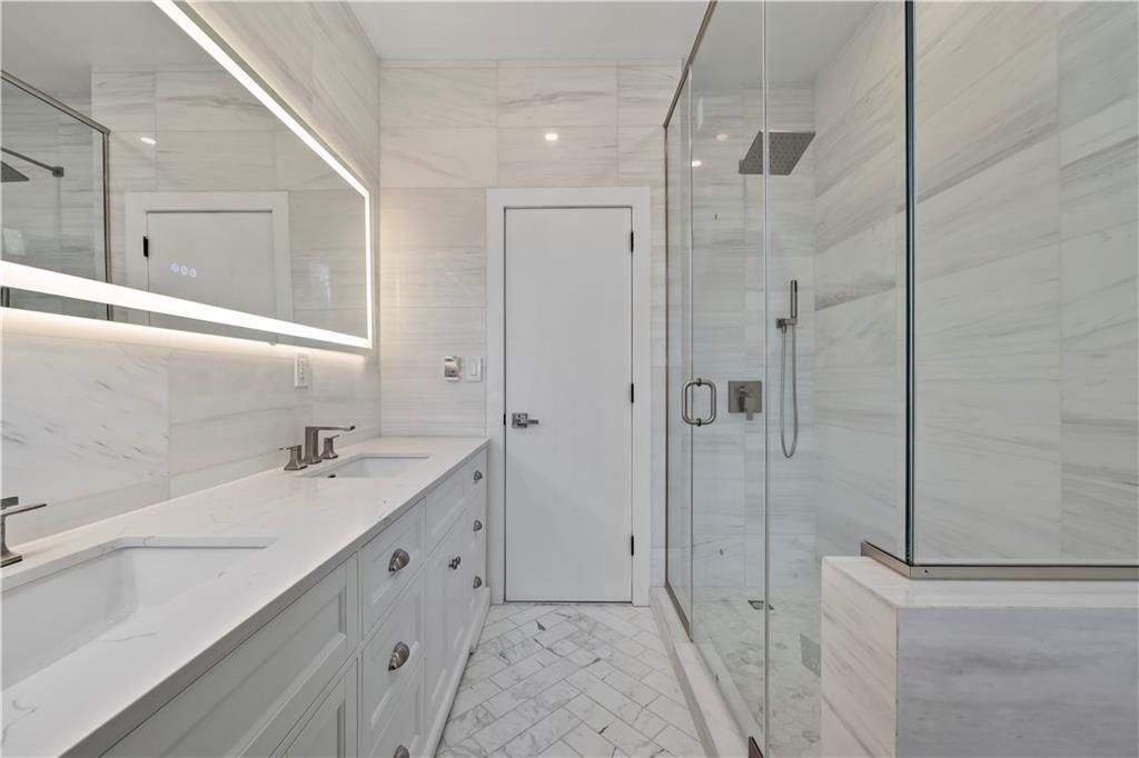 Bathroom, Dual Sink Vanities, Glass Shower, Interior, Marble, Marble Walls