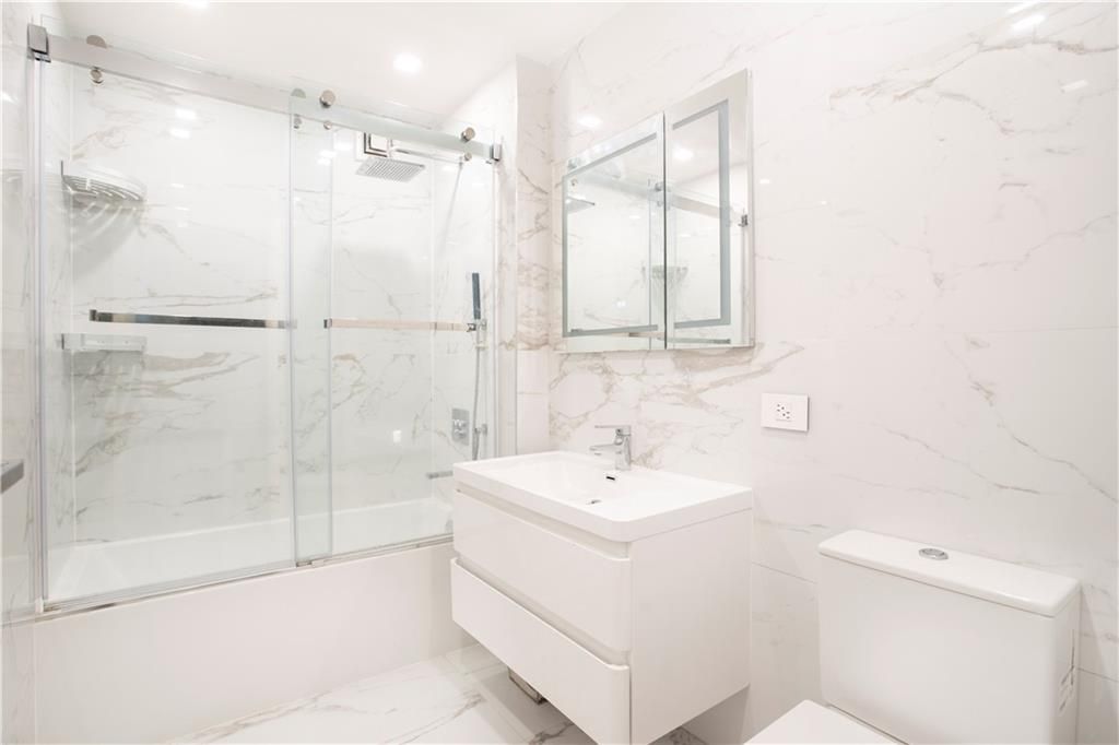 Bathroom, Glass Shower, Interior, Marble, Marble Walls, Recessed Lighting