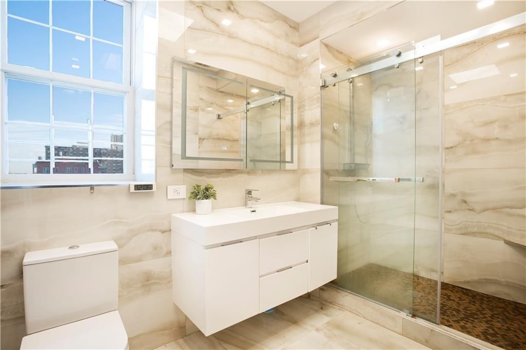 Bathroom, Glass Shower, Interior, Recessed Lighting, Wood Texture Flooring