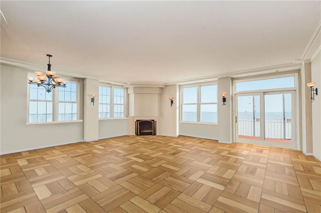 Chandelier, Empty room, Fireplace, Interior, Water, Wood Texture Flooring