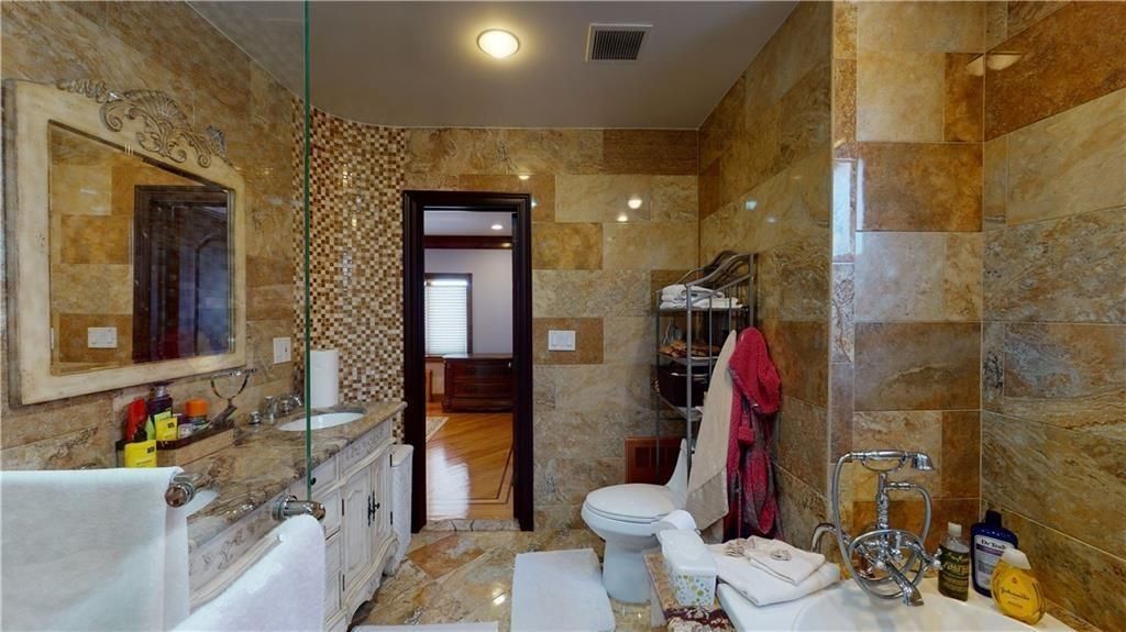 Bathroom, Interior, Recessed Lighting, Stone Walls, Wood Texture Flooring