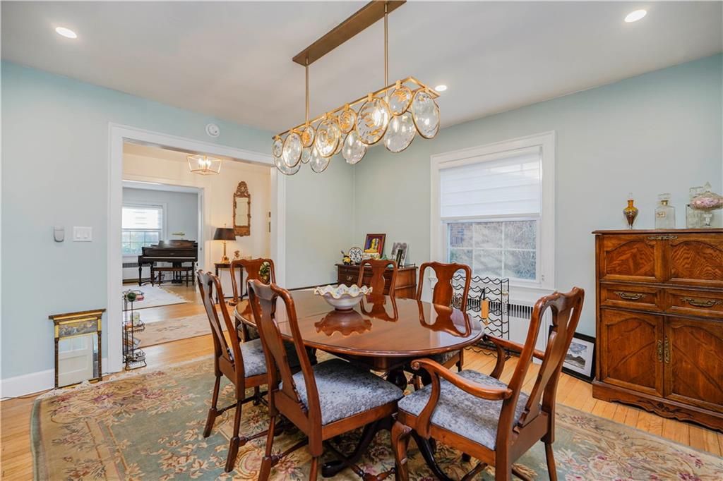 Dining room, Interior, Pendant Lights, Recessed Lighting, Wood Texture Flooring