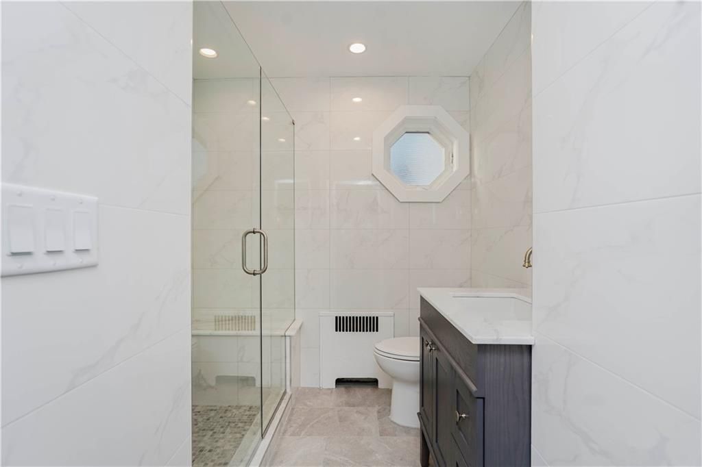 Bathroom, Glass Shower, Interior, Marble Walls, Recessed Lighting