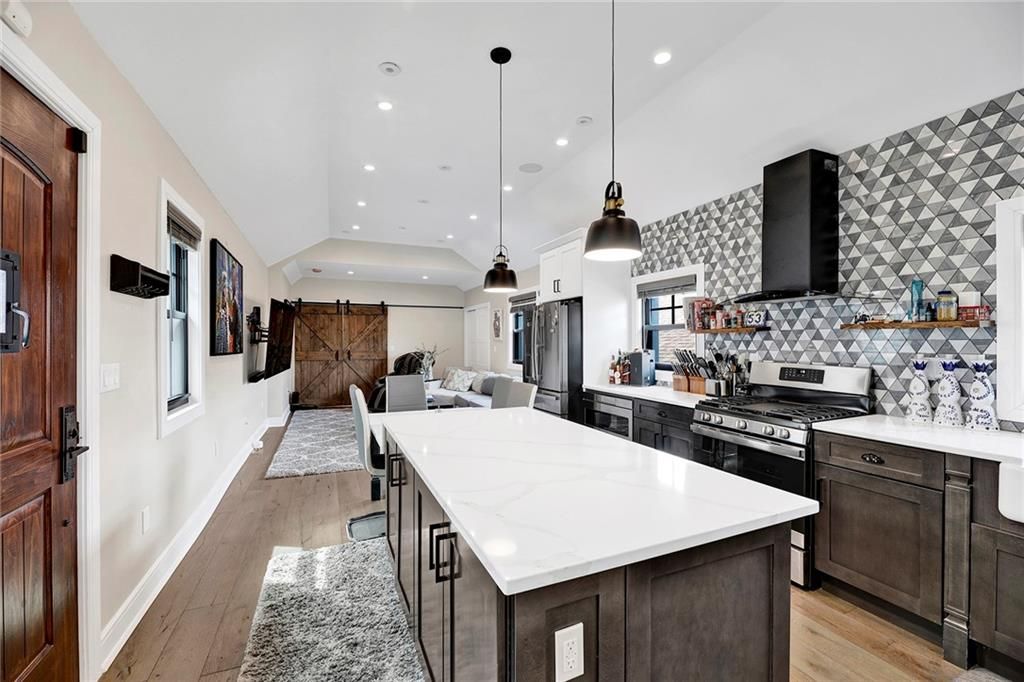 Interior, Kitchen, Pendant Lights, Recessed Lighting, Stainless Steel Appliances, Wood Texture Flooring