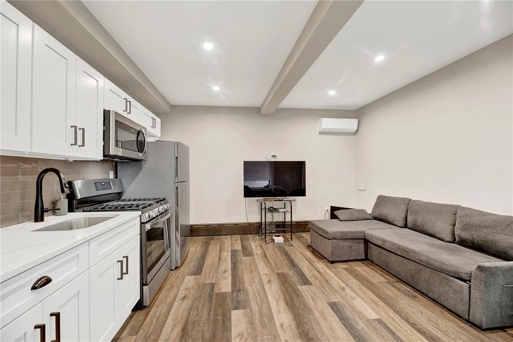 Interior, Kitchen, Living room, Recessed Lighting, Stainless Steel Appliances, Wood Texture Flooring