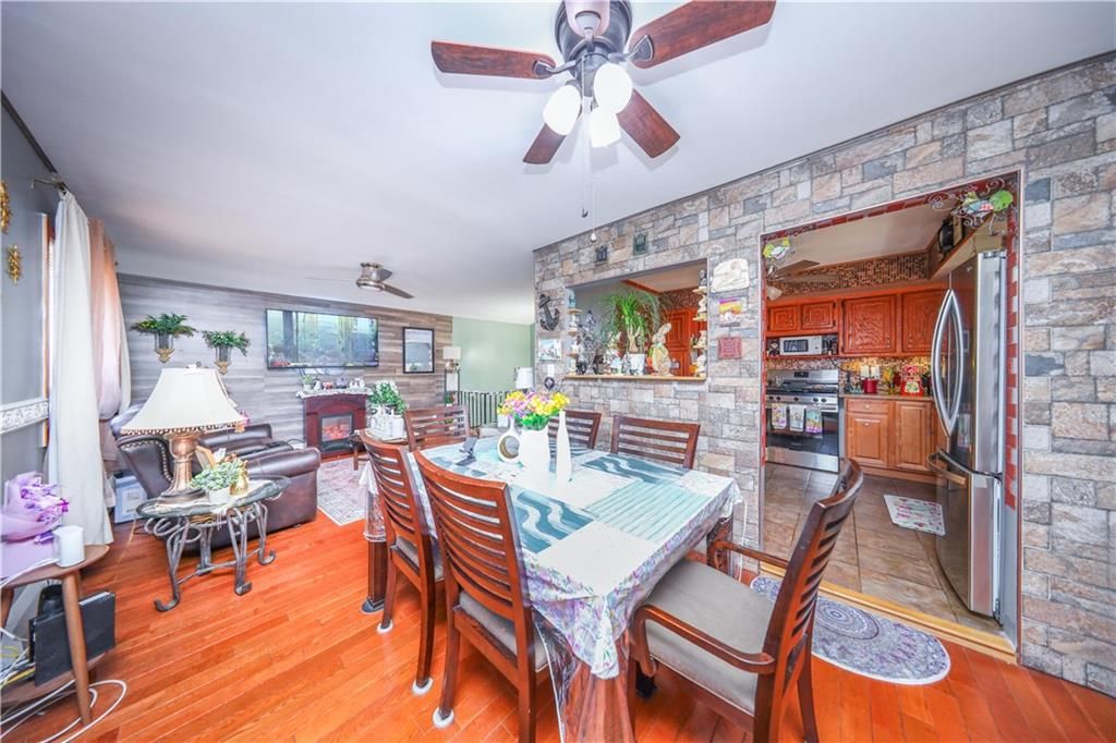 Dining room, Interior, Kitchen, Stainless Steel Appliances, Stone Walls, Wood Texture Flooring