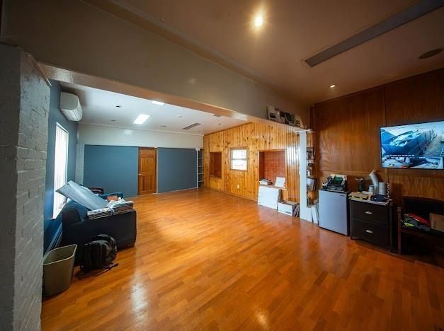 Fireplace, Interior, Recessed Lighting, Wood Texture Flooring, Wooden Walls