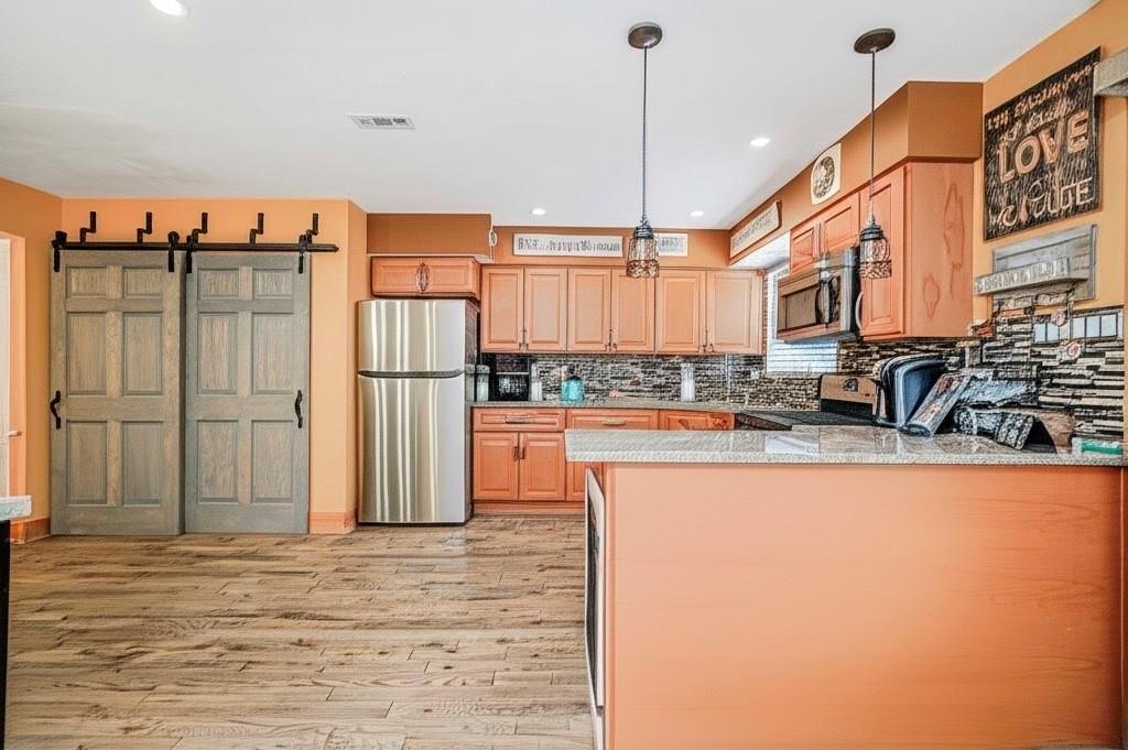 Interior, Kitchen, Pendant Lights, Recessed Lighting, Stainless Steel Appliances, Wood Texture Flooring