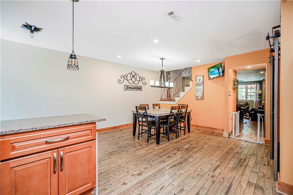 Dining room, Interior, Pendant Lights, Recessed Lighting, Wood Texture Flooring