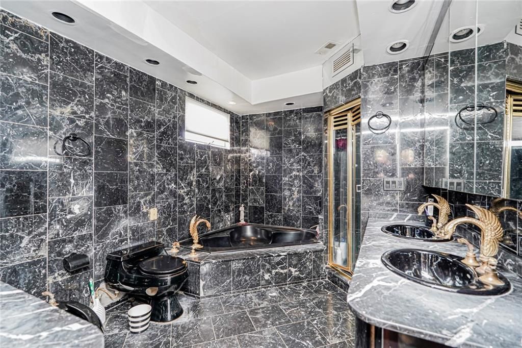 Bathroom, Dual Sink Vanities, Interior, Marble Walls, Recessed Lighting