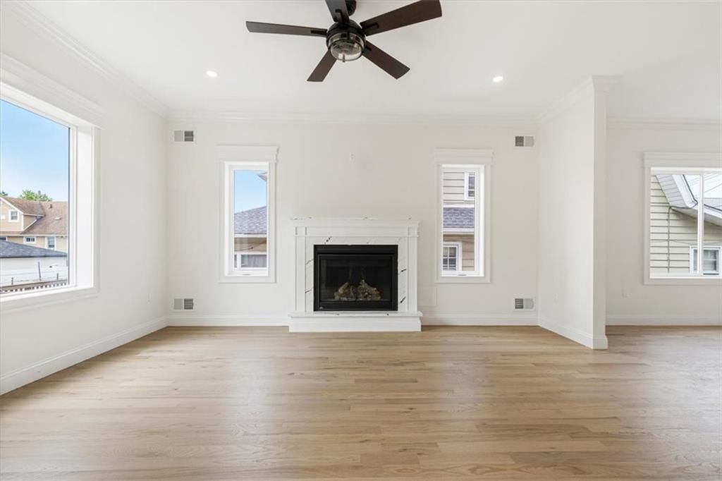 Empty room, Fireplace, Interior, Recessed Lighting, Wood Texture Flooring