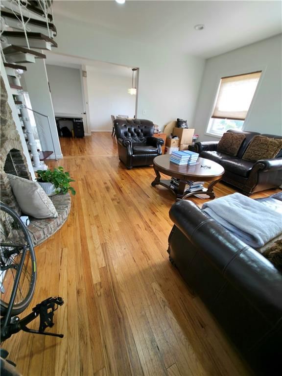 Fireplace, Interior, Living room, Pendant Lights, Wood Texture Flooring