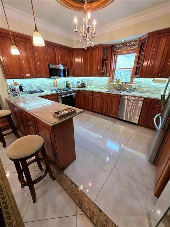 Chandelier, Interior, Kitchen, Pendant Lights, Stainless Steel Appliances