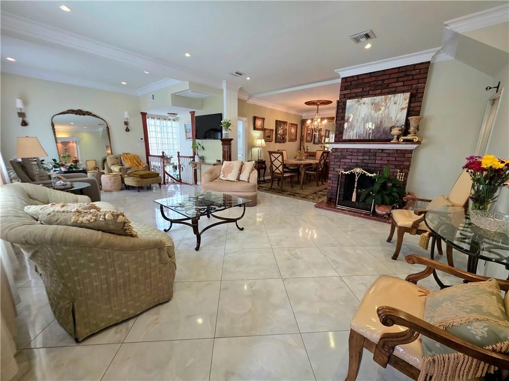Dining room, Fireplace, Interior, Living room, Recessed Lighting, Stone Walls