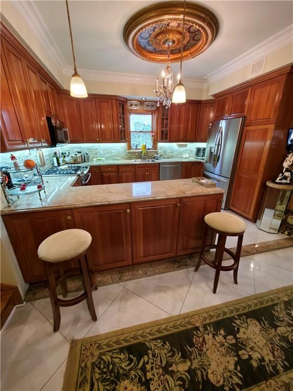 Chandelier, Interior, Kitchen, Pendant Lights, Stainless Steel Appliances