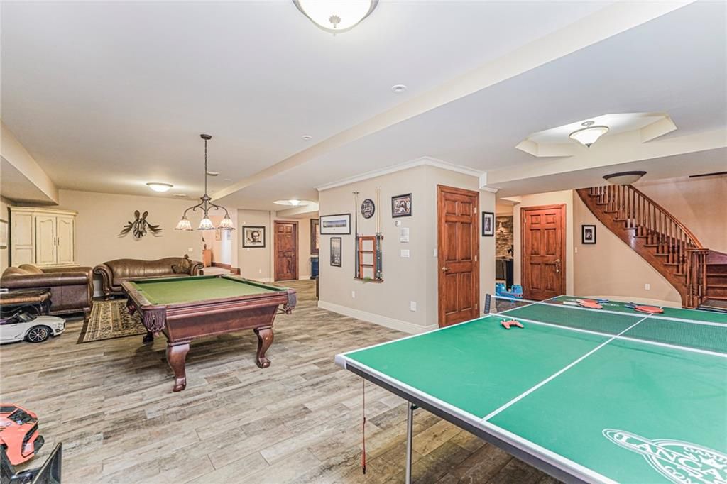 Billiard Table, Game Room, Interior, Pendant Lights, Wood Texture Flooring