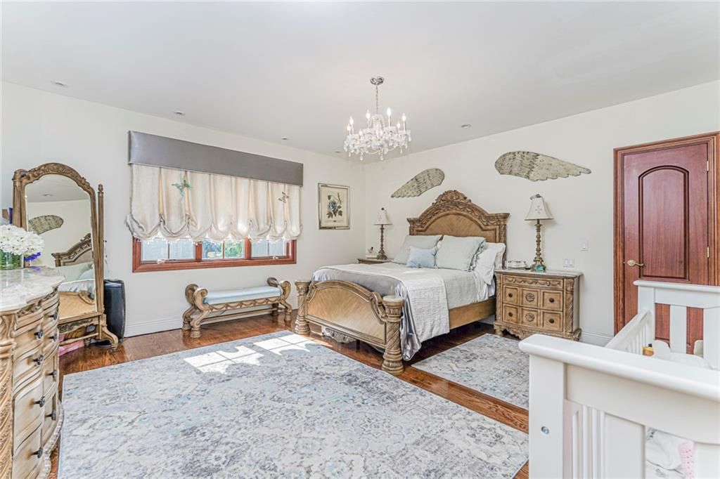 Bedroom, Chandelier, Interior, Recessed Lighting, Wood Texture Flooring