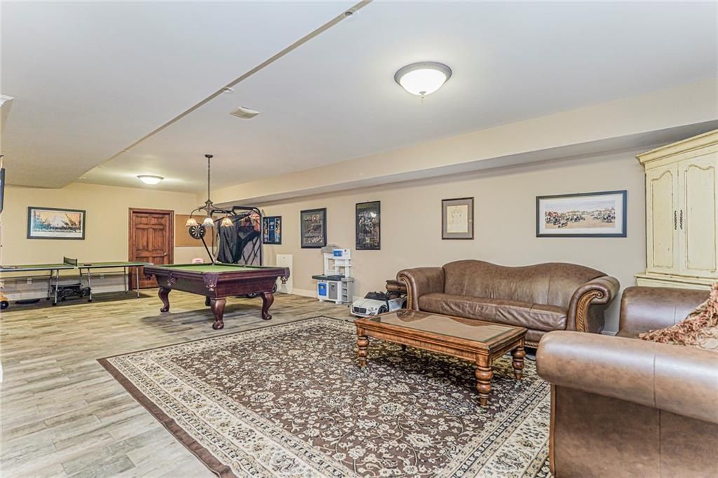 Billiard Table, Game Room, Interior, Living room, Pendant Lights, Wood Texture Flooring